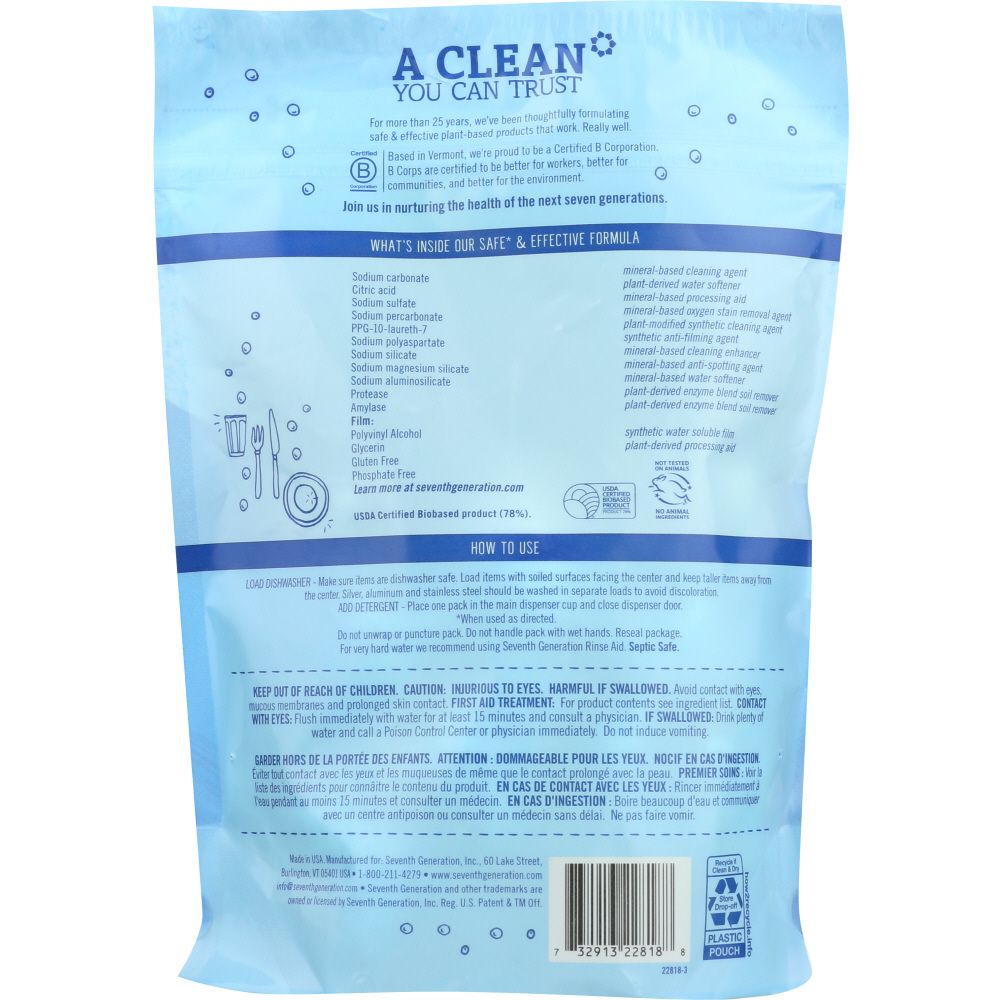 SEVENTH GENERATION: Natural Dishwasher Detergent Packs Free & Clear 20 packs, 12.6 oz